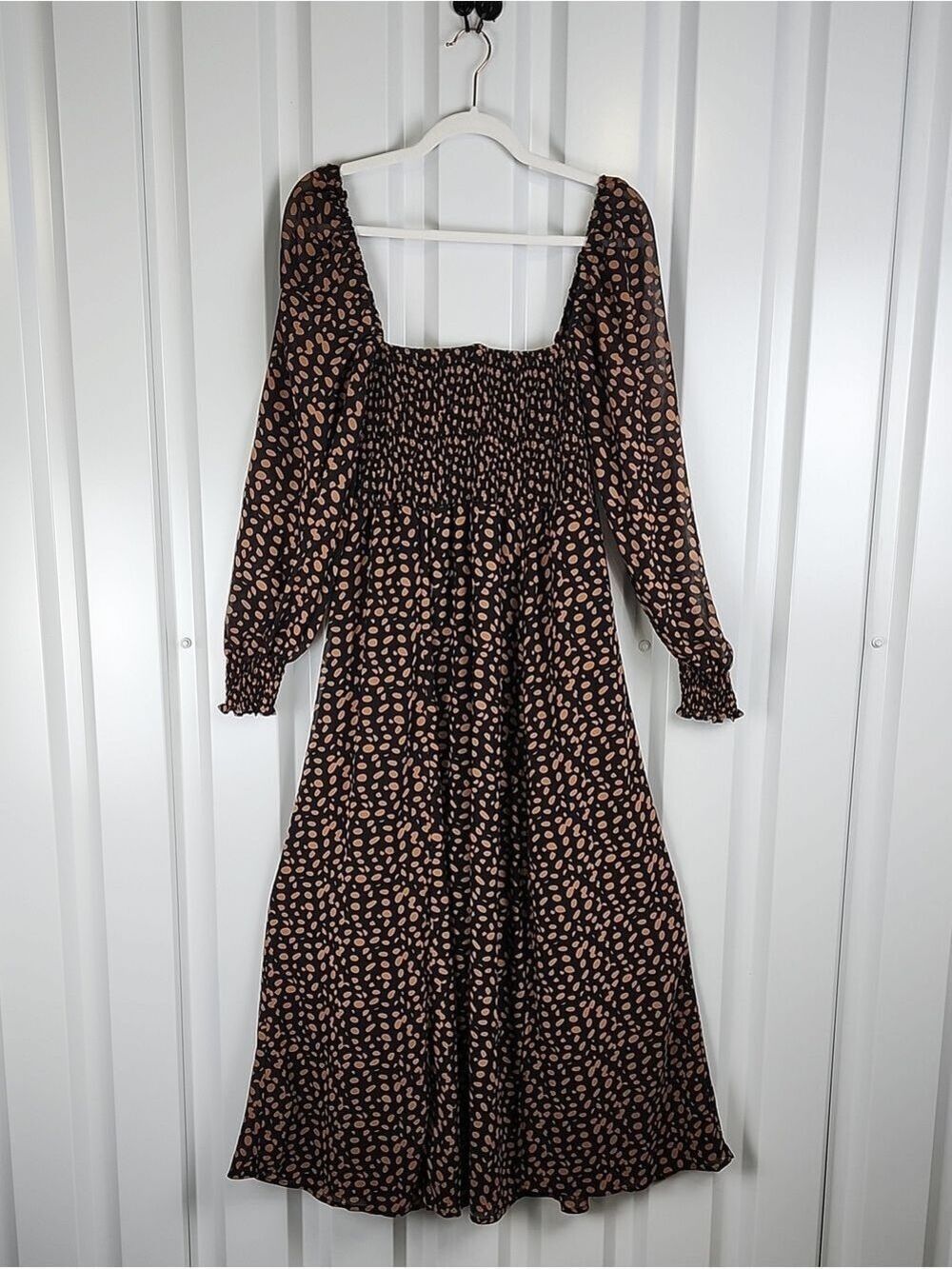 O.P.T. Black Brown Smocked Long Sleeve Midi Dress XL NWT Cottage Flowy Polka Dot - Picture 2 of 9